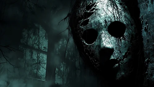 Corroded horror mask in decayed forest framed by misted window.