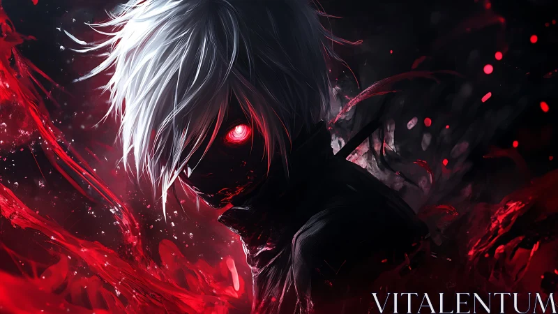 White haired figure with glowing red eye framed by red streaks