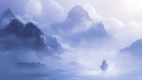 Mountain Landscape with Sailing Vessel in Mist
