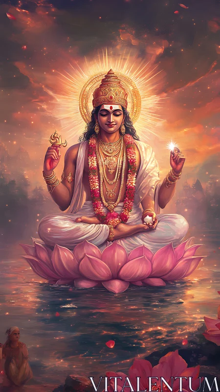 Divine figure meditates on pink lotus above reflective water