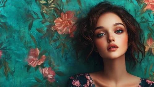 Digital portrait against teal floral painterly backdrop.