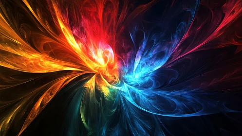 Fractal energy burst in vivid red, blue and orange hues.