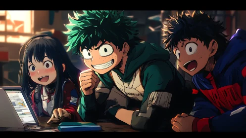 Laptop-lit heroes huddle, anime trio chasing online victory.