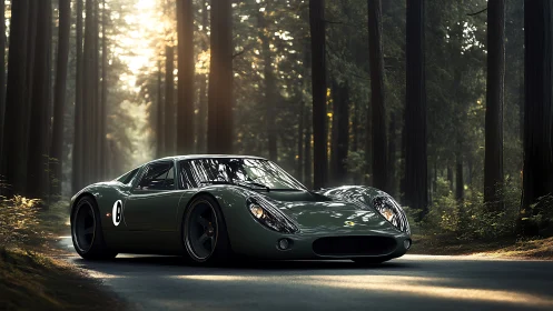 Classic green race car parked on forest road at sunrise.