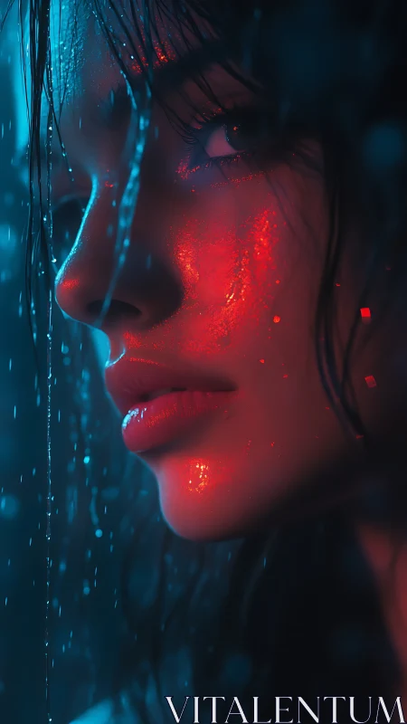 Cyberpunk rainlit portrait with neon bokeh and wet skin glow.