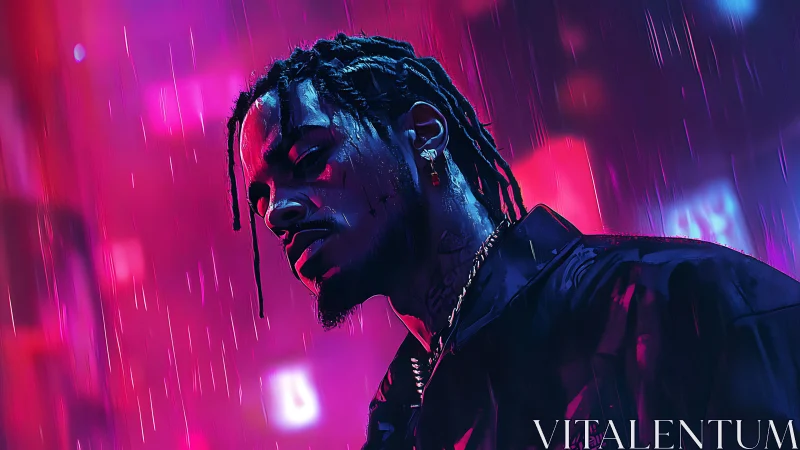 Male figure in neon city rain with saturated lighting.