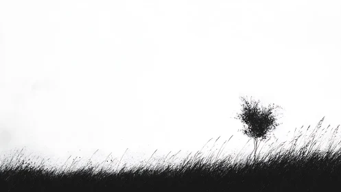 Solitary tree on windswept hillside in stark monochrome.