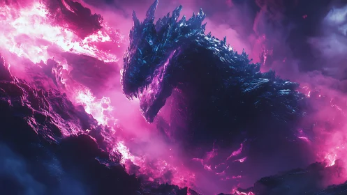 Colossal neon kaiju emerging within storming magenta firestorm.