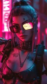 Cyberpunk woman with neon visor stands in magenta light