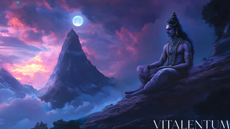 Moonlit meditative deity rendered against volumetric cloud mountain