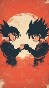 Two anime fighters fist bump under large pale sun.