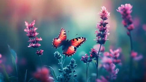 Macro butterfly hover amid bokeh-saturated floralscape field.