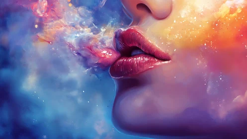 Cosmic colors swirl from glossy lips in radiant profile.