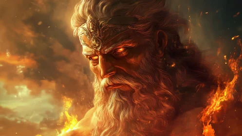 Fiery storm god gazes over a burning celestial sky