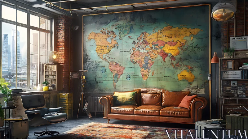 Industrial loft interior with vintage world map feature wall.