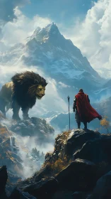 Mountain guardian lion facing caped wanderer in misty highlands.
