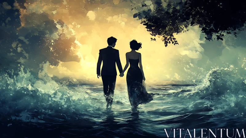Couple Walking Through Luminous Seascape at Golden Hour