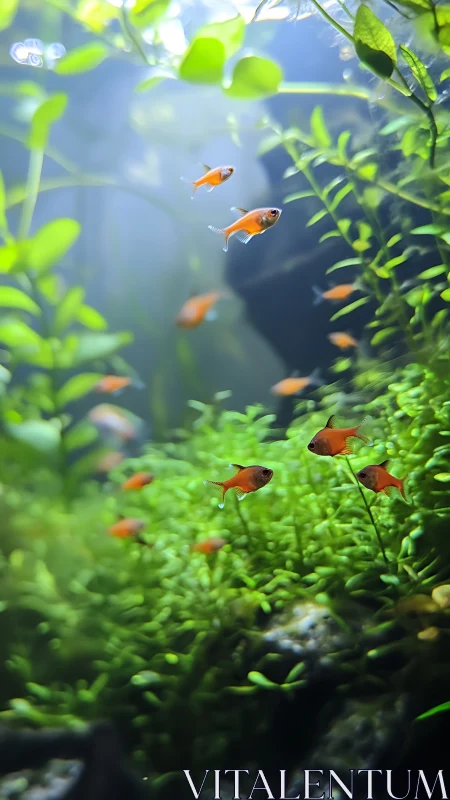 Tiny ember fish drift through a luminous jungle of leaves.