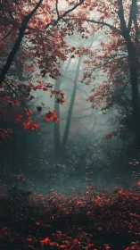 Misty Autumn Forest Path: Red Foliage Through Dense Woodland Mist