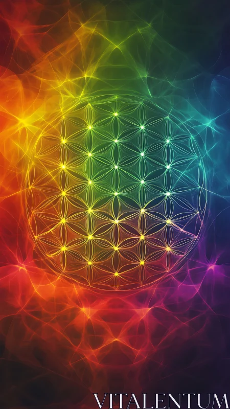 Radiant flower-of-life sphere in prismatic nebula glow.