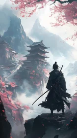 Lone blade above sakura cliffs and mistbound mountain temples.
