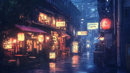 Digital painting of neon-lit rainy alleyway in urban Japan.