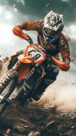 Motocross rider charges forward in cinematic low-angle dust storm