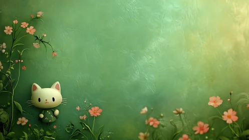 Whimsical Cat Figurine Among Spring Flowers in Soft Green Garden