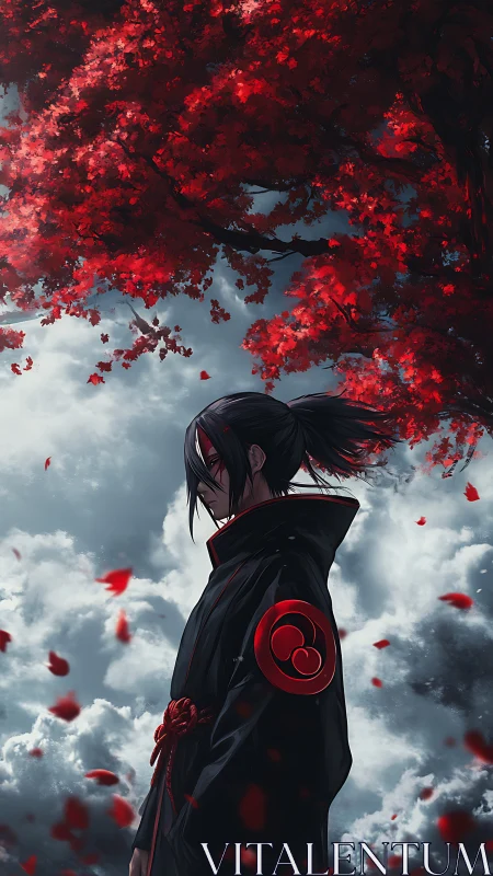 Solitary figure under red foliage above clouded horizon.