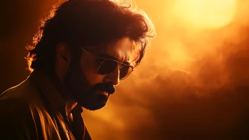 Brooding man in sunglasses against intense orange light.