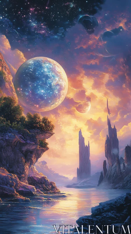 Alien river valley under glowing planets and starry sky.