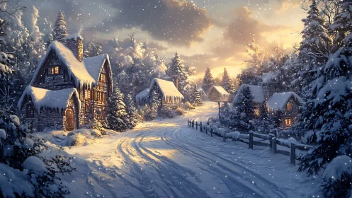 Snow covered village road curves between lit stone cottages