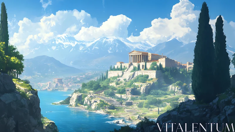 Sunlit acropolis dreams above a sapphire coastal valley.