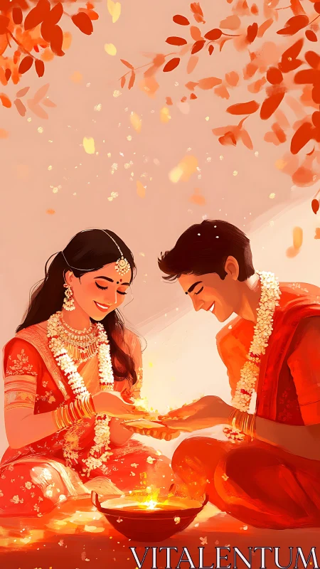 Indian couple in traditional attire beside ceremonial fire.