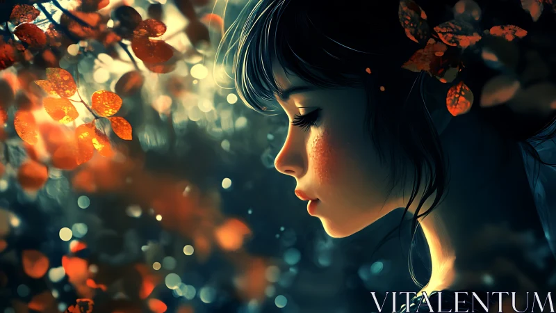 Soft autumn glow around a dreaming forest girl at dusk.