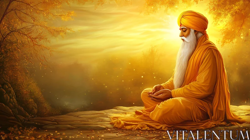 Elderly robed figure meditates outdoors in golden sunset light