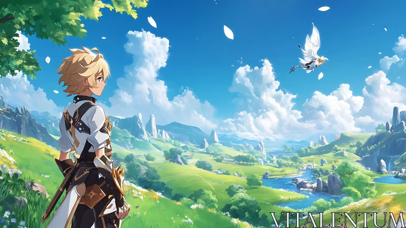 Armored anime traveler overlooking bright valley landscape.