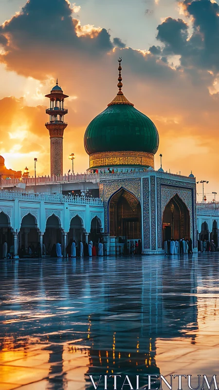 Sunlit mosque courtyard with emerald dome and minaret.