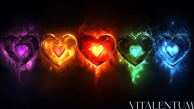 Five luminescent heart forms arranged horizontally with varied spectral colorization