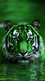 Photorealistic emerald tiger portrait in reflective water symmetry.