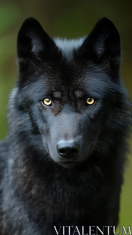 Black wolf portrait shows intense golden eyes and sleek fur