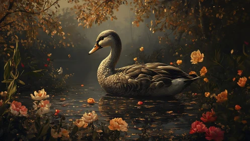 Autumn swan adrift in candlelit petals and woodland hush.
