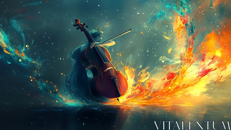 Cellist silhouette with fiery swirling abstract colors.
