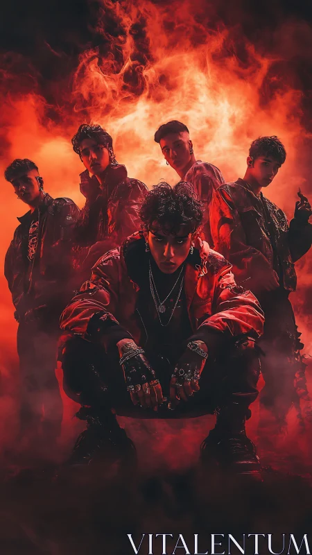 Intense streetwear crew posed in red inferno haze portrait.