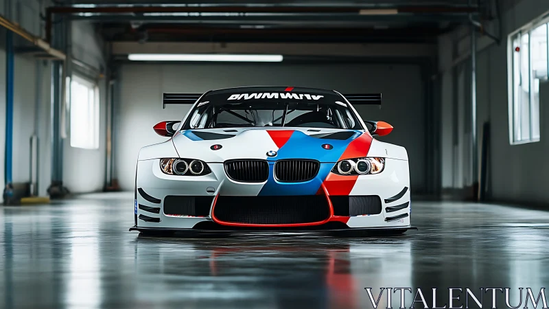 Front-facing BMW GT racecar in clinical workshop lighting.