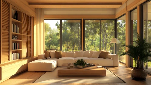 Sunlit minimalist living room with panoramic forest views.