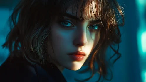 Digital close-up portrait of young woman in teal light.