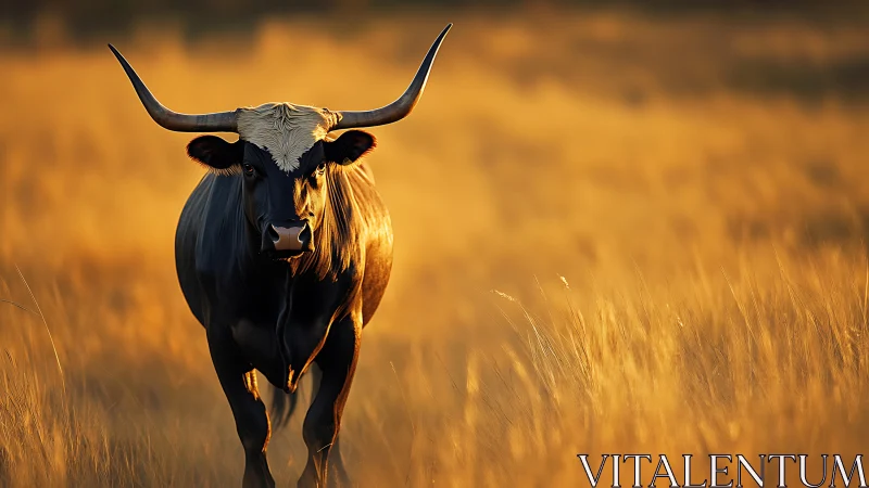 Horned black bull stands in golden backlit grassland at dusk