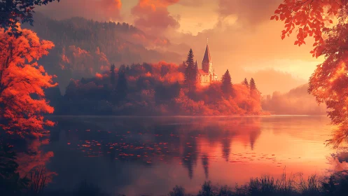 Autumnal lakeside chapel glows in atmospheric backlit haze