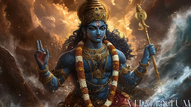 Blue-skinned deity figure with trident amid stormy ocean.